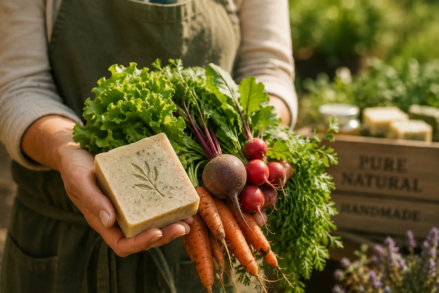 Fresh harvested produce and handmade soap
